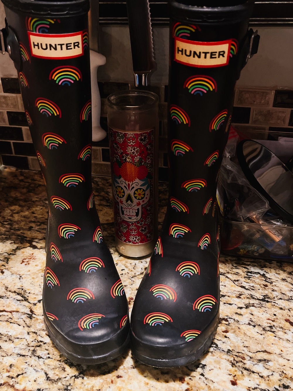 Hunter Black Rain Boots with Rainbow Print